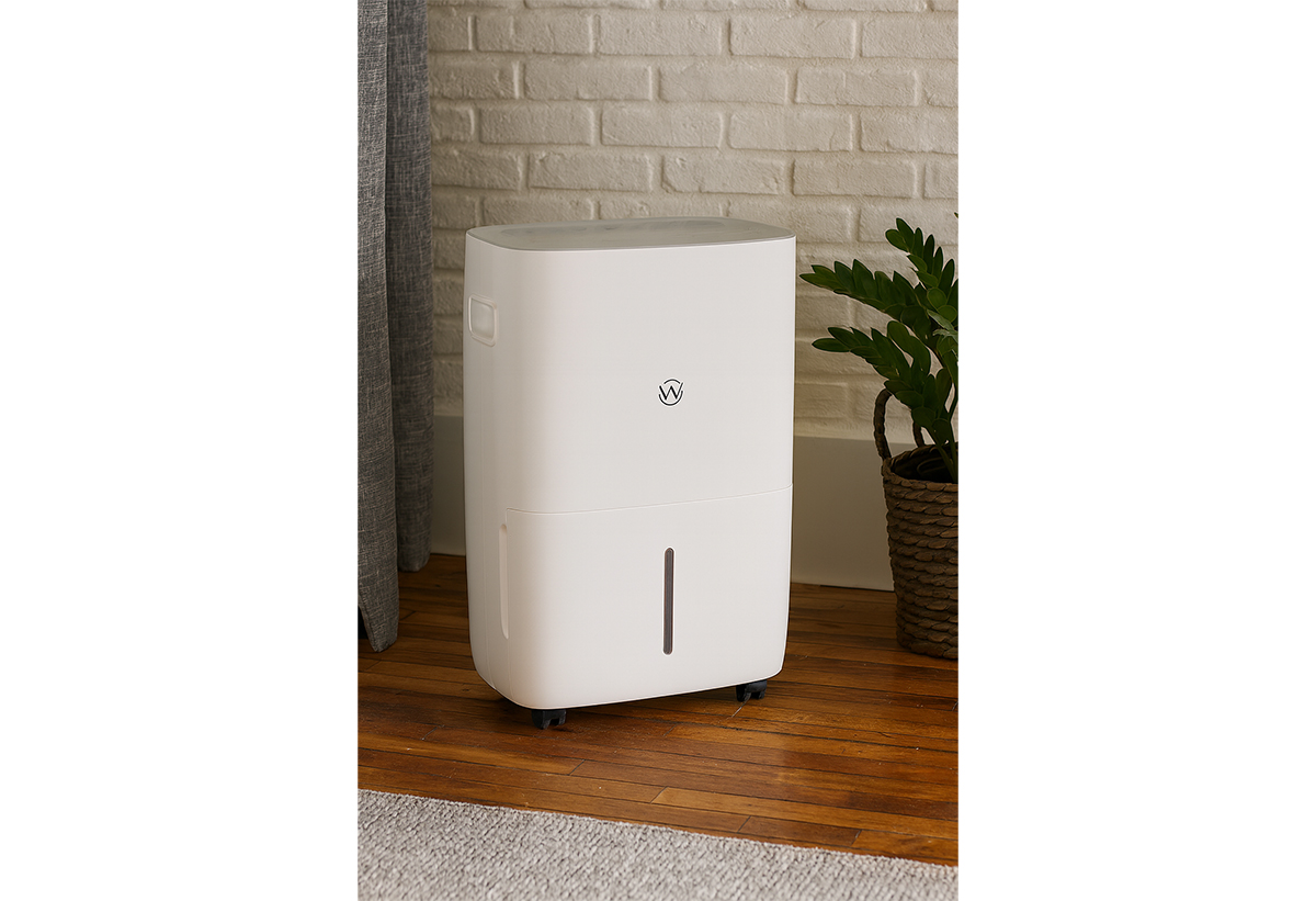 Απεικονίζεται ο αφυγραντήρας στο χώρο του σαλονιού.